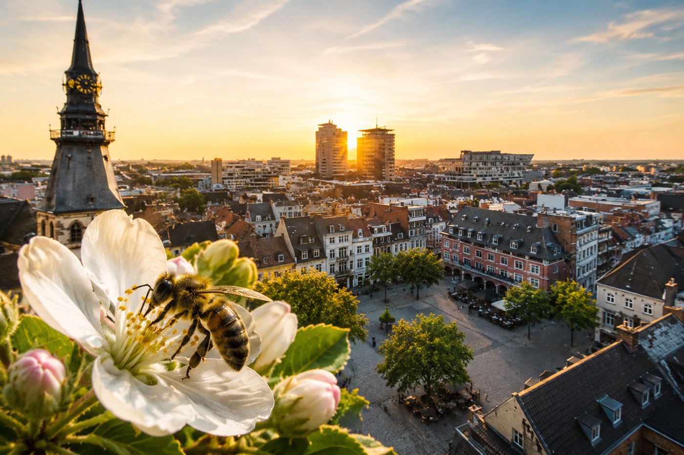 Een bij op een bloesem boven de skyline van Hasselt