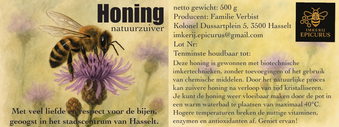 Het etiket van Imkerij Epicurus: Honing, natuurzuiver